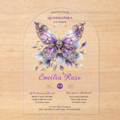 スウィート15蝶キンセアニェラパープルブルー金ゴールド アクリル招待状 (正面)