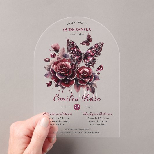 スウィート15蝶キンセアニェラブルガンディダイヤモンド アクリル招待状 (インサイチュ (ポータブル))