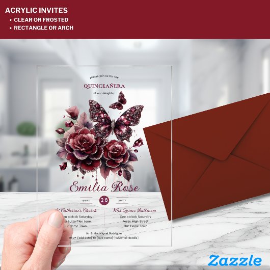 スウィート15蝶キンセアニェラブルガンディダイヤモンド アクリル招待状