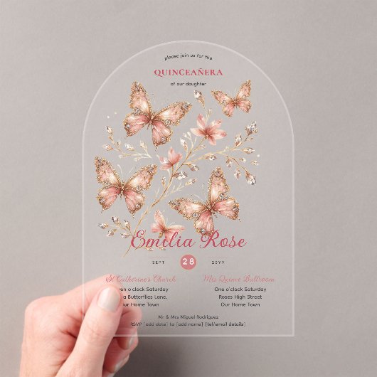 スウィート15蝶キンセアニェラ赤面ピンクダイヤモンド アクリル招待状 (インサイチュ (ポータブル))