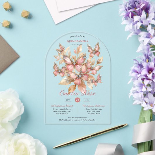 スウィート15蝶キンセアニェラ赤面ピンクダイヤモンド アクリル招待状 (インサイチュ (ウェディング))