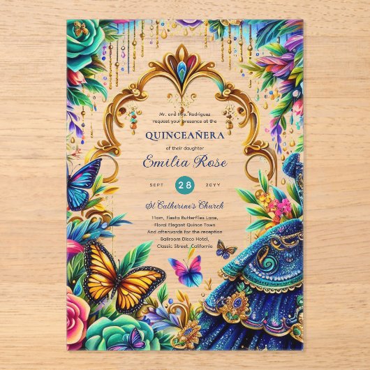 スウィート15誕生日蝶フィエスタプラスチックカリン アクリル招待状 (正面)