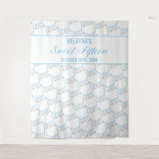 スウィート15 ベイビーブルー シルバー 誕生日パーティー 背景 タペストリー (正面)