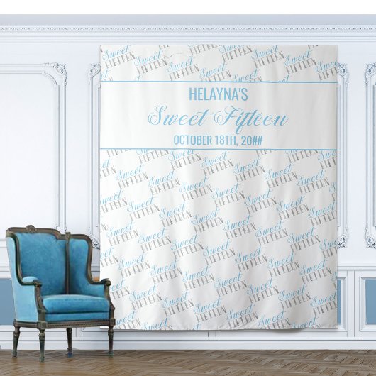 スウィート15 ベビーブルー シルバー 誕生日パーティー 背景 タペストリー