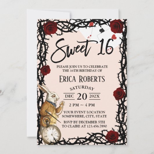 スウィート16かわいいアリスinワンダーランドガール誕生日 招待状 (正面)