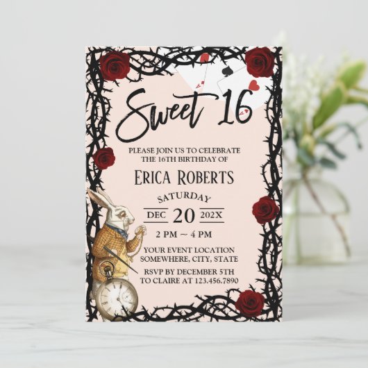 スウィート16かわいいアリスinワンダーランドガール誕生日 招待状 (スタンド正面)