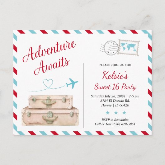 スウィート16の冒険が待っている 女の子の旅行のお誘い ポストカード (正面)