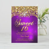 スウィート16の誕生日パーティー 紫のグリッター ゴールド 招待状 (スタンド正面)