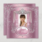 スウィート16の16の誕生日パーティーピンクシルバースター 招待状 (正面/裏面)