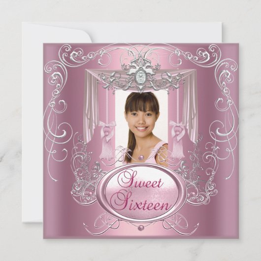 スウィート16の16の誕生日パーティーピンクシルバースター 招待状 (正面)