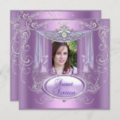 スウィート16の16歳の誕生日パーティー薄紫ピンクシルバー 招待状 (正面/裏面)