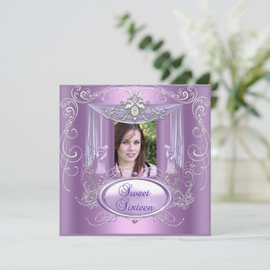 スウィート16の16歳の誕生日パーティー薄紫ピンクシルバー 招待状 (スタンド正面)