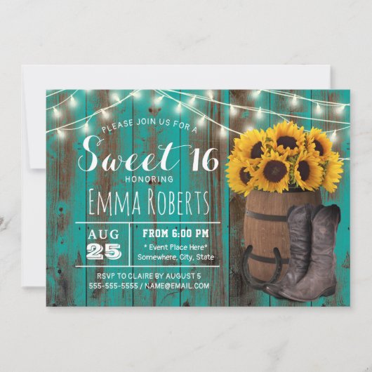 スウィート16ひまわり素朴ティール（緑がかった色）ウェスタン女性のカーボーイ 招待状 (正面)