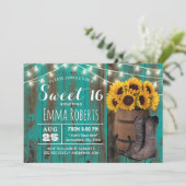 スウィート16ひまわり素朴ティール(緑がかった色)ウェスタン女性のカーボーイ 招待状 (スタンド正面)