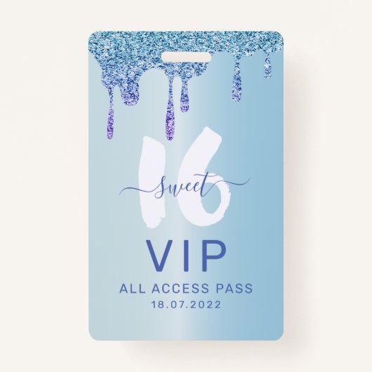 スウィート16アイスブルーメタリック誕生日招待状 バッジ (正面)