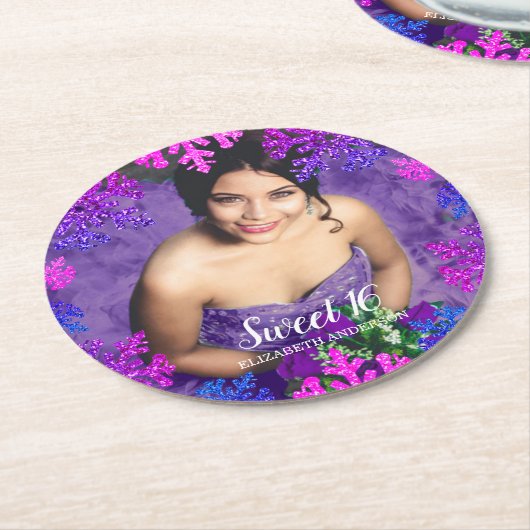 スウィート16ウィンタースノーフレーク誕生日 ラウンドペーパーコースター (アングル)