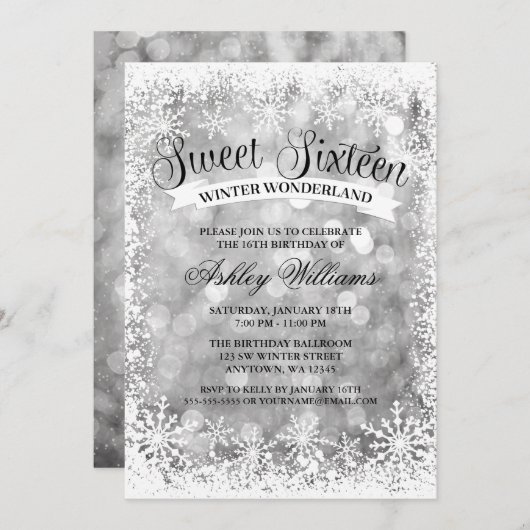 スウィート16ウィンターワンダーランドシルバーグリッターライト 招待状 (正面/裏面)