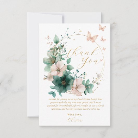 スウィート16エメラルドグリーンフローラ蝶 サンキューカード (正面)