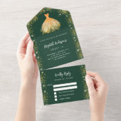 スウィート16エメラルドグリーン金ゴールドドレスグリッターRSVP オールインワン招待状 (貼ってはがせる)