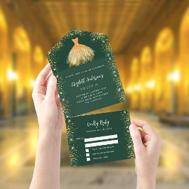 スウィート16エメラルドグリーン金ゴールドドレスグリッターRSVP オールインワン招待状