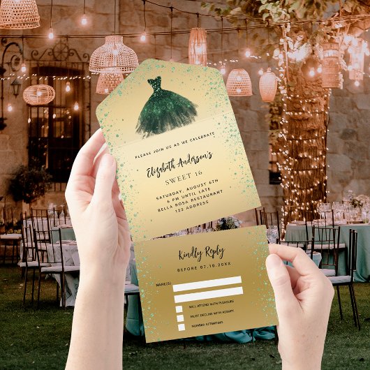 スウィート16エメラルドグリーン金ゴールドドレスグリッターRSVP オールインワン招待状