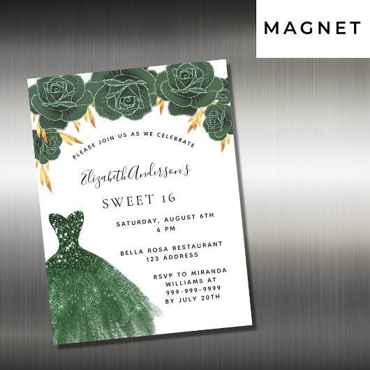 スウィート16エメラルドグリーン金ゴールドドレスフローララグジュアリー マグネット招待状