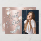 スウィート16エレガントバラ金ゴールド&シルバーフォト誕生日 招待状 (正面/裏面)