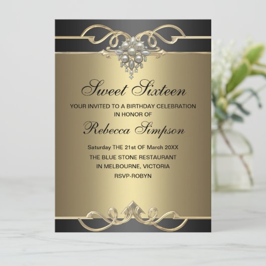スウィート16エレガントパール金ゴールド誕生日招待状 招待状 (スタンド正面)