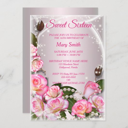 スウィート16エレガントピンクローズ誕生日招待状 招待状 (正面/裏面)