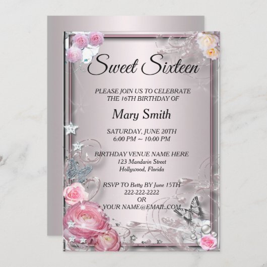 スウィート16エレガントピンクローゼバタフライ誕生日 招待状 (正面/裏面)