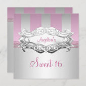 スウィート16エレガントホワイトピンクストライプ誕生日 招待状 (正面/裏面)