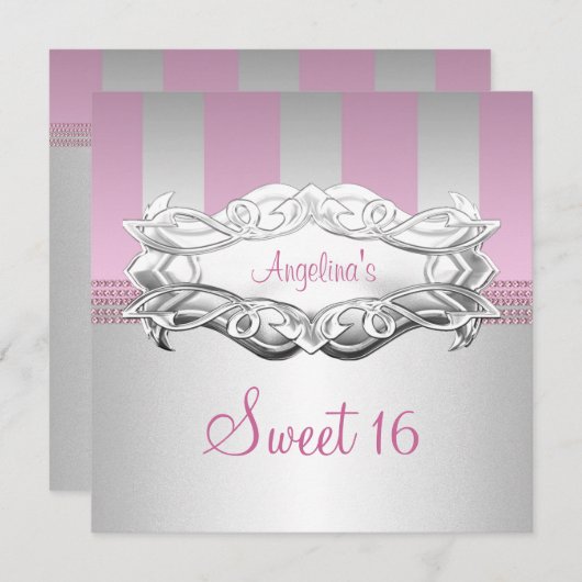 スウィート16エレガントホワイトピンクストライプ誕生日 招待状 (正面/裏面)