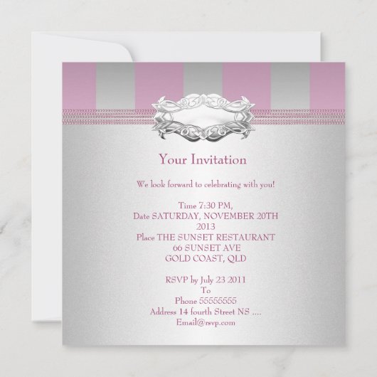 スウィート16エレガントホワイトピンクストライプ誕生日 招待状 (裏面)