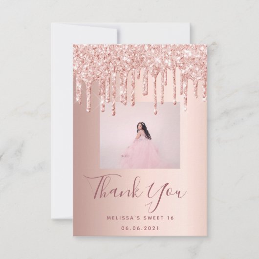 スウィート16カスタムバラ金ゴールドピンクグリッターグラム サンキューカード (正面)