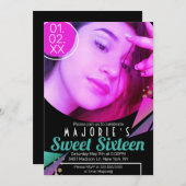 スウィート16クラブスタイルネオンパーティー写真 招待状 (正面/裏面)
