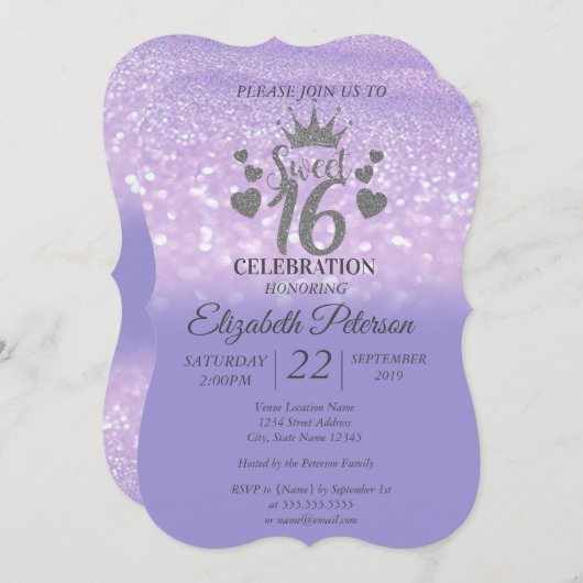 スウィート16グリッターグラデーション《写真》ぼけ味,グリッターティアラ 招待状 (正面/裏面)