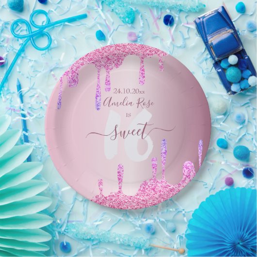 スウィート16グリッタードリップスピンクメタリック誕生日 ペーパープレート (パーティー)