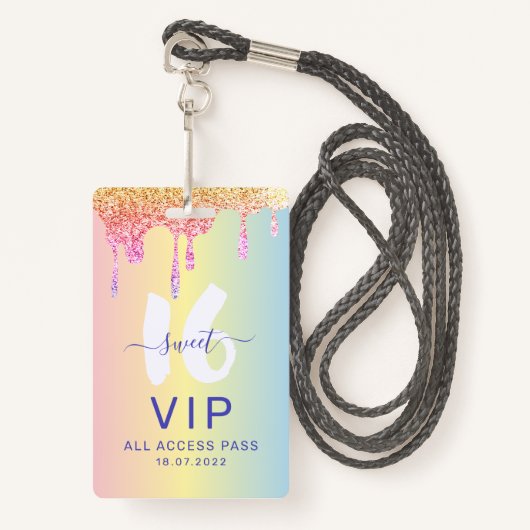 スウィート16グリッターパステルシェード誕生日招待状 バッジ (正面ランヤード)