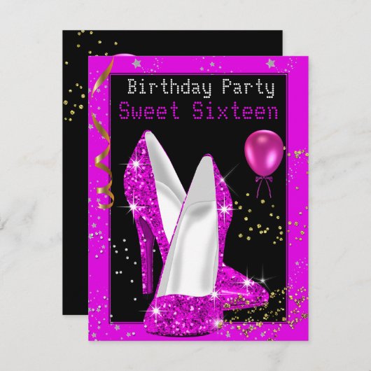 スウィート16グリッターホットピンクブラックバースデーパーティー 招待状 (正面/裏面)