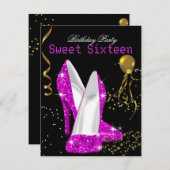 スウィート16グリッターホットピンク金ゴールドお祝い 招待状 (正面/裏面)