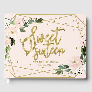 スウィート16ゲストブックゴールドフォイル赤面ピンクフローラ ゲストブック