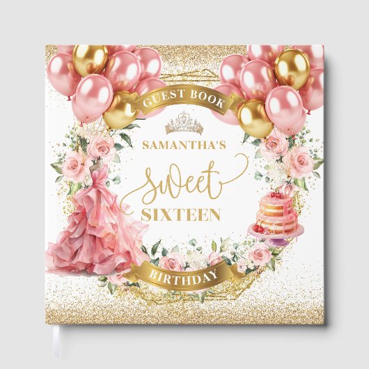 スウィート16ゲストブック赤面金ゴールドピンクバルーン ゲストブック (正面)