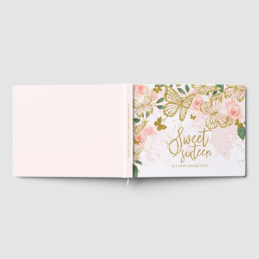スウィート16ゲストブック金ゴールド赤面バタフライフローラ ゲストブック (全面)