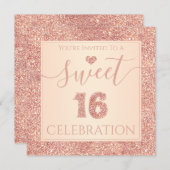 スウィート16コーラルピンクフェイクグリッター誕生日パーティー 招待状 (正面/裏面)