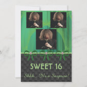 スウィート16サプライズパーティーグリーンシルク&パール&フォト 招待状 (正面)