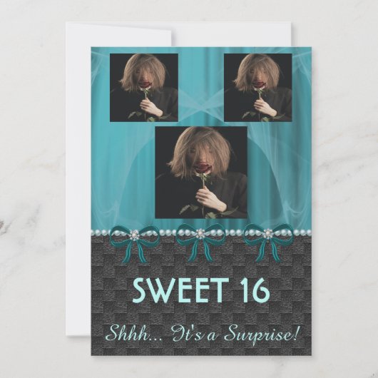 スウィート16サプライズパーティーティール(緑がかった色)ブルーシルク&パール& 招待状 (正面)