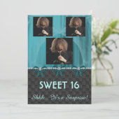 スウィート16サプライズパーティーティール(緑がかった色)ブルーシルク&パール& 招待状 (スタンド正面)