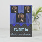 スウィート16サプライズパーティーブルーシルク&パール&写真 招待状 (スタンド正面)