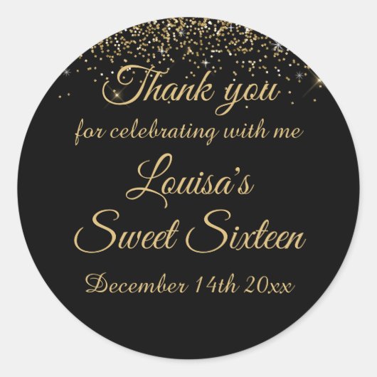 スウィート16サンキュースティッカーブラック&金ゴールドグリッター ラウンドシール (正面)
