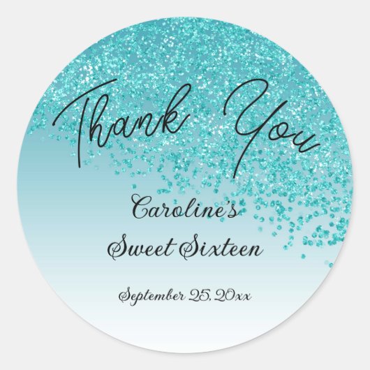 スウィート16サンキューフォールディングティール（緑がかった色）ブルーグリッター3インチ ラウンドシール (正面)
